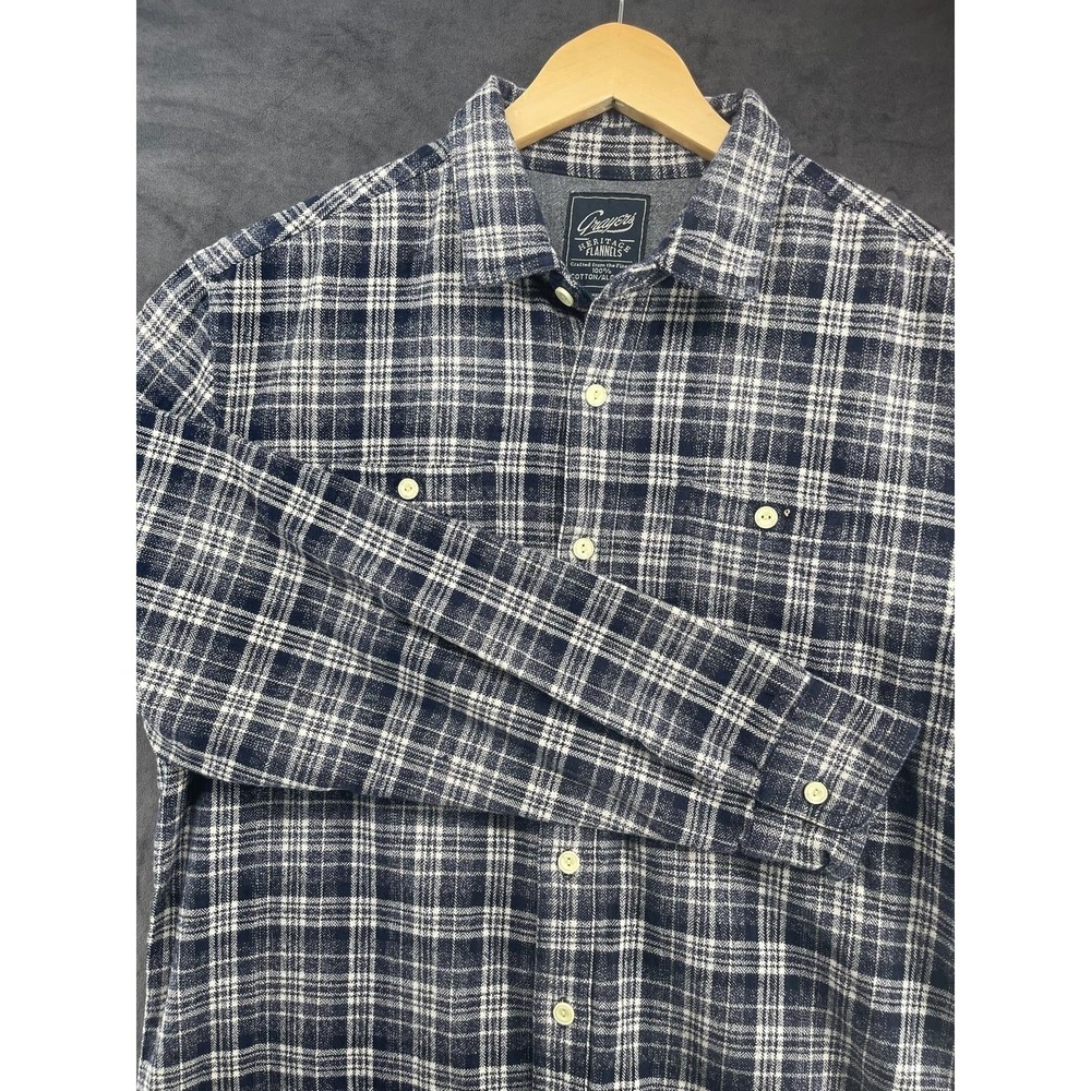 Grayers Heritage Flannel Shirt Mens Large Navy Blue White Plaid Cotton Button Up